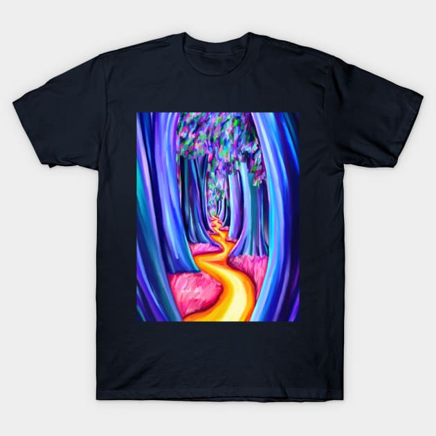 Psychedelic Trippy Tree Forest Path T-Shirt by Art by Deborah Camp